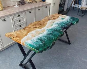Piano del tavolo da spiaggia rettangolare in legno di acacia con rivestimento epossidico / Piano del tavolo da pranzo / (personalizzabile)