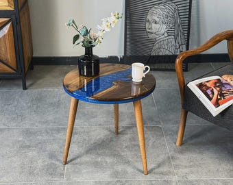 Piano del tavolo rotondo in legno di acacia con rivestimento in resina epossidica blu scuro / Piano del tavolo da pranzo / (personalizzabile)