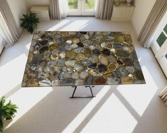 Handcrafted Rectangular Multicolour Agate Table Top | Earthy Brown Gold Grey | Dining Top |  (Customisable)