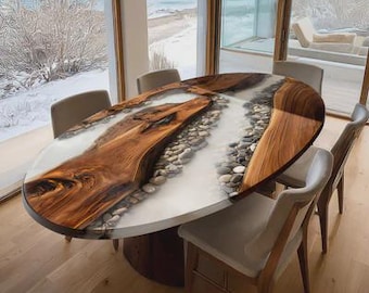 Acacia Wood River Table | White Epoxy Resin with Rocks | Live Edge | (Customisable)