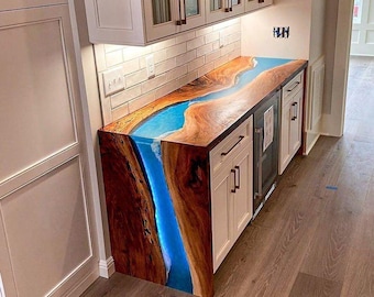 Piano bar in legno di acacia con rivestimento epossidico blu brillante / lastra per isola cucina / (personalizzabile)