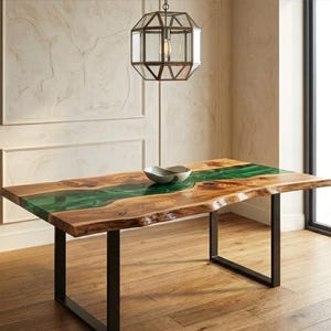 Rectangular Acacia Wood Green Epoxy Table Top | Handmade River Dining Top | (Customisable)