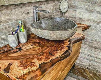 Piano lavabo rettangolare in legno di acacia con finitura epossidica / Lastra per bagno con bordo vivo / (personalizzabile)