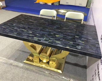 Piano rettangolare per tavolo da pranzo in pietra preziosa occhio di tigre blu / Mosaico fatto a mano / (Personalizzabile)