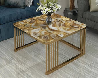 Handcrafted Square White Golden Agate Table Top | Gemstone Coffee Table | (Customisable)