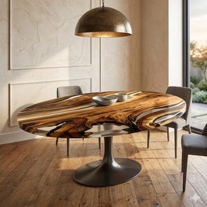 Peut inclure: Une table de salle à manger ovale en bois avec un motif de grain tourbillonnant unique. La table repose sur un pied en métal foncé. Deux petits bols sont posés sur la table. Une suspension en bronze est suspendue au-dessus.