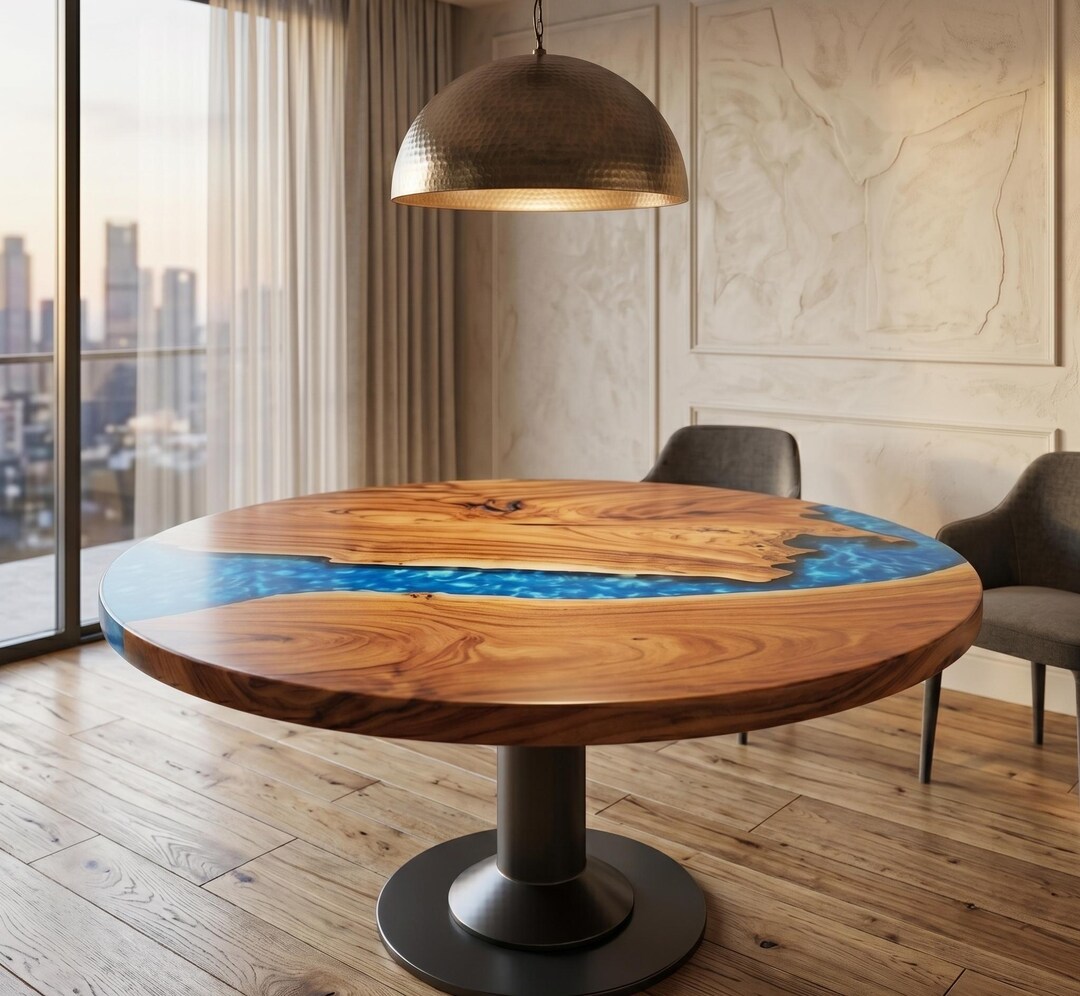 Round Blue River Epoxy Acacia Wood Table Top | Ocean‑inspired Dining ...