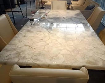Handmade White Agate Rectangular Table Top | Gemstone | Dining Top | (Customisable)