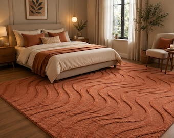 Handmade Tufted Rug, Terracotta Area Rug, Modern Abstract Wool Rug, Living Room Carpet, Bedroom Rug, Custom Size Rug, Boho Home Decor