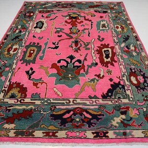 Turkish-inspired Pink and teal Oushak Rug, All sizes are available.