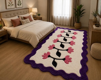 Handmade Tufted Rug, Purple Floral Area Rug, Modern Abstract Rug, Custom Size Carpet, Living Room Bedroom Decor, Boho Home Decor