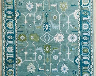 Hand-Knotted Wool Oushak Rug, Teal Floral Turkish Style