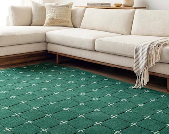 Green Tufted Rug, Handmade Wool Area Rug, Modern Geometric Carpet, Minimalist Green Rug, Living Room Bedroom Decor, Custom Size Rug