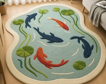 Koi Fish Tufted Rug, Pond Shape Kids Rug, Irregular Handmade Wool Carpet, Nursery Playroom Area Rug, Cute Fish Floor Mat Decor
