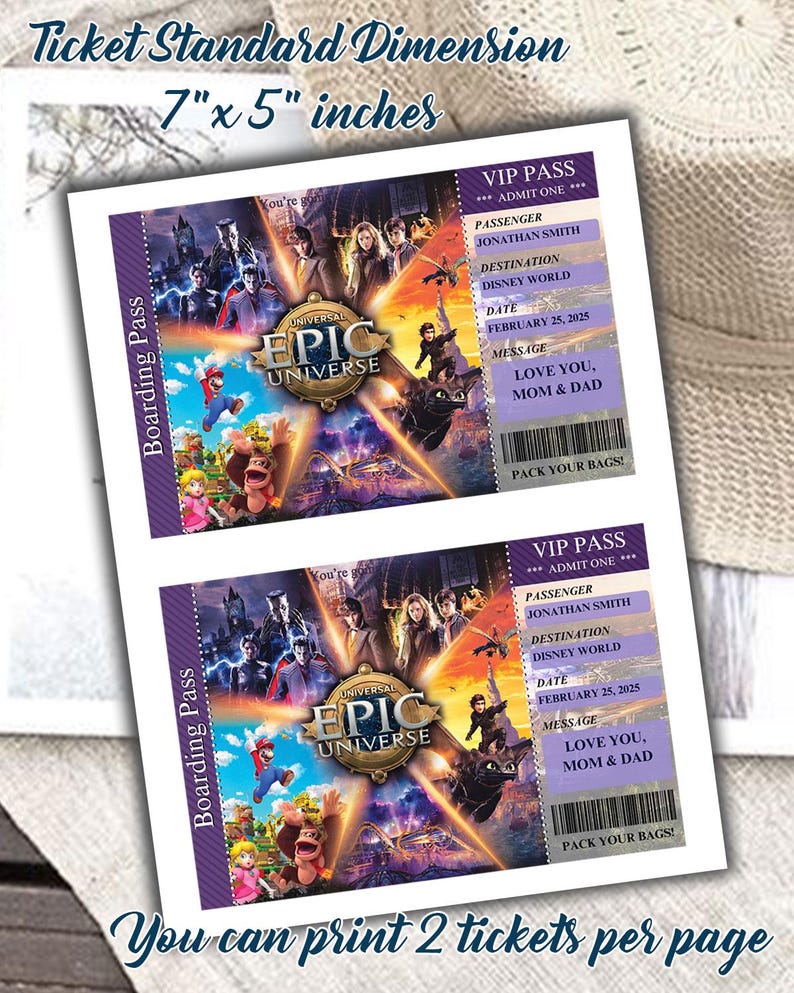 Może przedstawiać: Dwa wydrukowane bilety VIP z tekstem "Universal Epic Universe" i "Boarding Pass". Każdy bilet ma wymiary 17,78 cm x 12,7 cm i zawiera imię pasażera, miejsce docelowe, datę i wiadomość. Bilety są przeznaczone do drukowania dw&oacute;ch na stronę.
