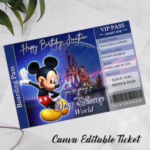 Editable Disney World Disneyland Surprise Ticket, Disney Reveal, Disney Trip Gift, Disneyworld Ticket, Boarding Pass, Disneyland Ticket
