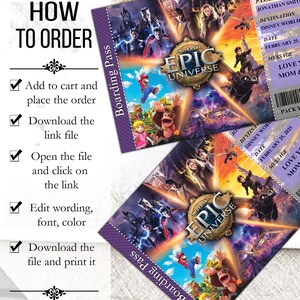 Może przedstawiać: Dwa fioletowe bilety pokładowe z napisem "Universal Epic Universe" i ilustracjami postaci. Bilety zawierają tekst "VIP Pass" i instrukcje dotyczące zamawiania.