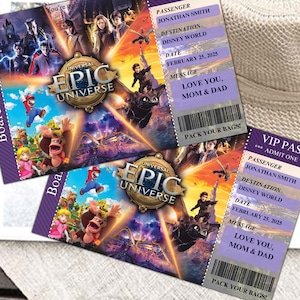Może przedstawiać: Dwa fioletowo-złote bilety VIP z nadrukiem "Universal Epic Universe" i "Disney World". Bilety zawierają obrazy postaci z r&oacute;żnych film&oacute;w i atrakcji park&oacute;w tematycznych. Tekst "Fully Editable in Canva" znajduje się na dole.