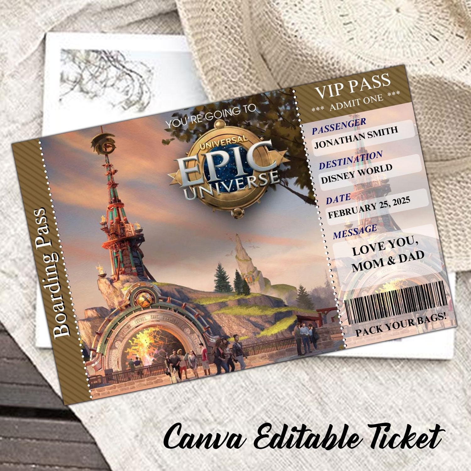 Editable Universal Epic Universe Surprise Ticket, Universal Reveal, Universal Trip Gift, Universal Ticket Boarding Pass Epic Universe Ticket