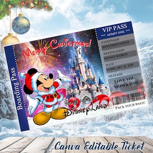 Printable Christmas DisneyLand Surprise Trip, Gift, Surprise Trip to DisneyLand, mickey Ticket, Editable in Canva Disneyworld Birthday Card