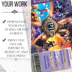 Może przedstawiać: Projekt karty pokładowej z tekstem "Boarding Pass" na g&oacute;rze. Karta zawiera kolorową grafikę postaci z Universal Epic Universe. Tekst zawiera "Love You, Mom & Dad", "Disney World" i "February 25, 2025."