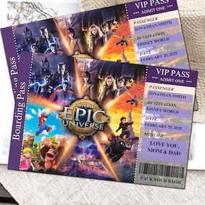 May include: Two purple and white VIP tickets for Disney World, featuring movie characters and the text "EPIC UNIVERSE". Each ticket includes the passenger's name, destination, and date. The tickets also have the text "Canva Editable Ticket".
