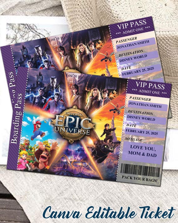 Printable UNIVERSAL EPIC PARK Surprise Trip, Gift, Surprise Trip to Epic Universe, Minnie Ticket, Editable in Canva Universal Birthday Card