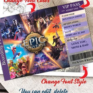 Może przedstawiać: Fioletowy i wielokolorowy karnet VIP z tekstem "Universal Epic Universe" i celem podr&oacute;ży "Disney World". Karnet zawiera imię i nazwisko pasażera, datę i wiadomość. Karnet ma kod kreskowy i słowa "Pack Your Bags".