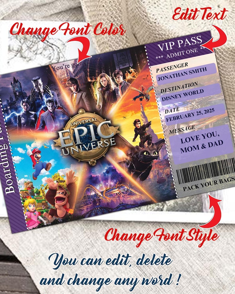 Może przedstawiać: Fioletowy i wielokolorowy karnet VIP z tekstem "Universal Epic Universe" i celem podr&oacute;ży "Disney World". Karnet zawiera imię i nazwisko pasażera, datę i wiadomość. Karnet ma kod kreskowy i słowa "Pack Your Bags".