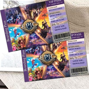Może przedstawiać: Dwa niestandardowe bilety VIP z fioletową obw&oacute;dką i napisem "Boarding Pass". Bilety przedstawiają kolaż postaci i napis "Universal Epic Universe". Szczeg&oacute;ły obejmują imię pasażera, miejsce docelowe, datę i wiadomość.