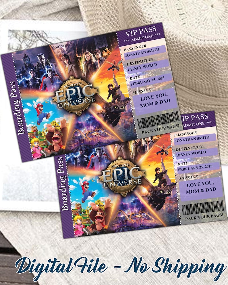 Może przedstawiać: Dwa niestandardowe bilety VIP z fioletową obw&oacute;dką i napisem "Boarding Pass". Bilety przedstawiają kolaż postaci i napis "Universal Epic Universe". Szczeg&oacute;ły obejmują imię pasażera, miejsce docelowe, datę i wiadomość.