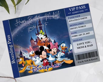 Printable DisneyLand Surprise Trip, Gift, Surprise Trip to DisneyLand, mickey Ticket, Editable in Canva Disneyworld Birthday Card