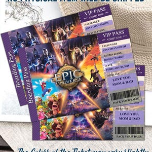 Może przedstawiać: Fioletowe bilety VIP ze zdjęciami z Universal Epic Universe i Disney World. Bilety zawierają tekst "Boarding Pass", "VIP Pass" i "Love You, Mom & Dad". Widoczny jest r&oacute;wnież tekst "All products are digital".