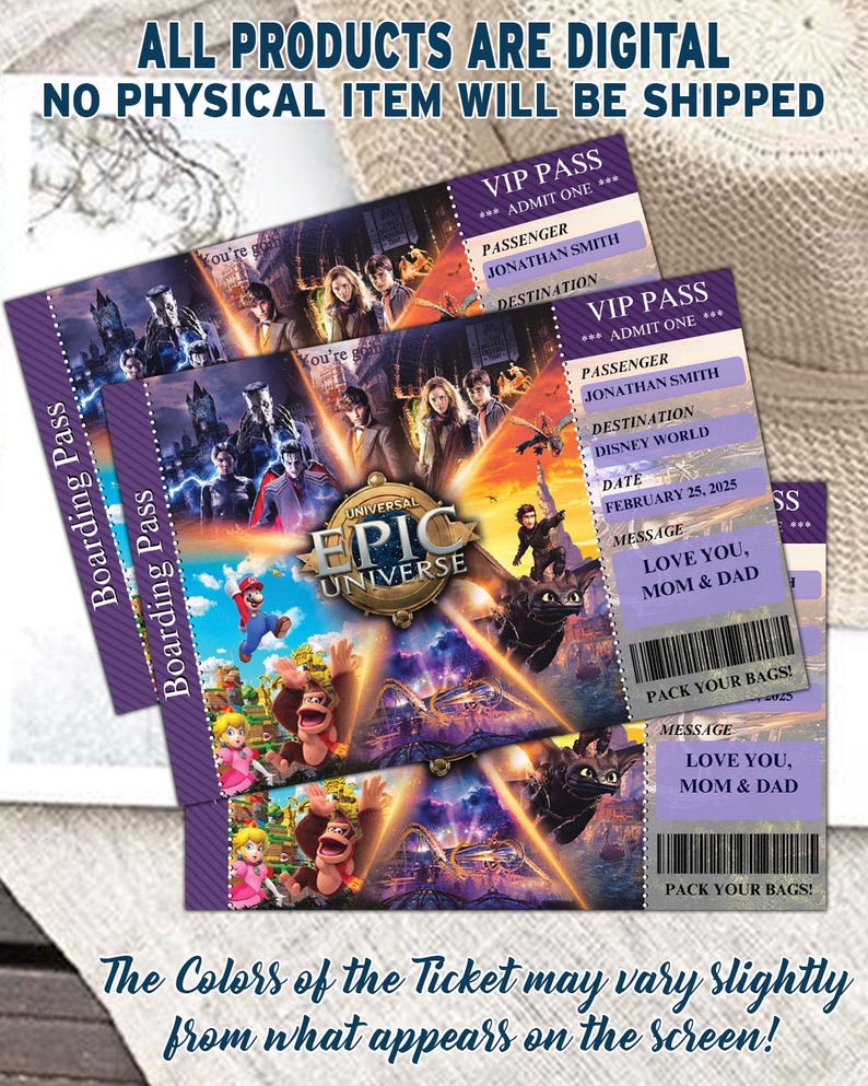 Może przedstawiać: Fioletowe bilety VIP ze zdjęciami z Universal Epic Universe i Disney World. Bilety zawierają tekst "Boarding Pass", "VIP Pass" i "Love You, Mom & Dad". Widoczny jest r&oacute;wnież tekst "All products are digital".