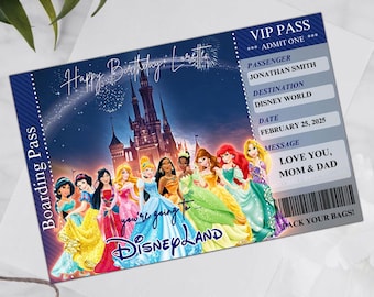 Editable DisneyWorld Disneyland Princesses Surprise Ticket, DisneyLand Reveal, DisneyWorld Trip Gift, Disneyworld Ticket, Disneyland Ticket