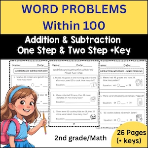 May include: A worksheet titled "WORD PROBLEMS Within 100" with addition and subtraction sums. The page includes a cartoon illustration of a girl and math problems for 2nd grade students. The workbook is 26 pages long.