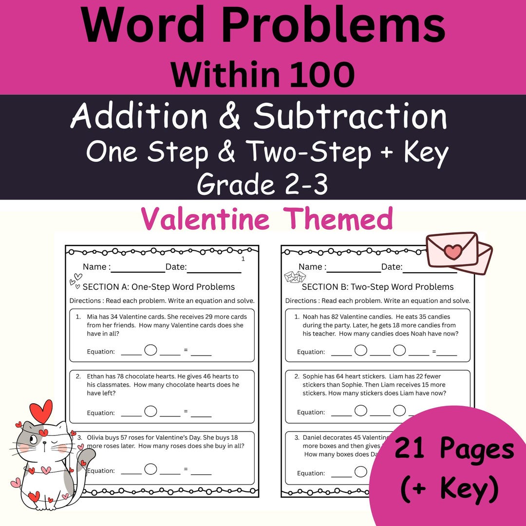 Valentine Math Word Problems Within 100 One and Two Step Addition ...