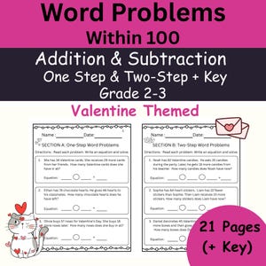 Valentine Math Word Problems Within 100 One and Two Step Addition Subtraction Grade 2–3 Printable