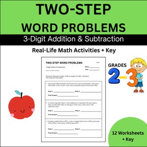 Puede incluir: Una hoja de ejercicios educativa titulada Two-Step Word Problems sobre sumas y restas de 3 dígitos. La página incluye una manzana dibujada, un personaje infantil sosteniendo los números 2 y 3, y texto que indica 12 hojas de trabajo más una clave.