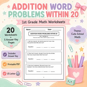 以下が含まれることがあります： 「Addition Word Problems Within 20」と題された1年生向けの算数ワークシートセット。20枚のワークシートと5枚の解答ページがUSレターサイズで含まれています。パステルカラーと可愛らしいグラフィックが特徴的なデザインです。