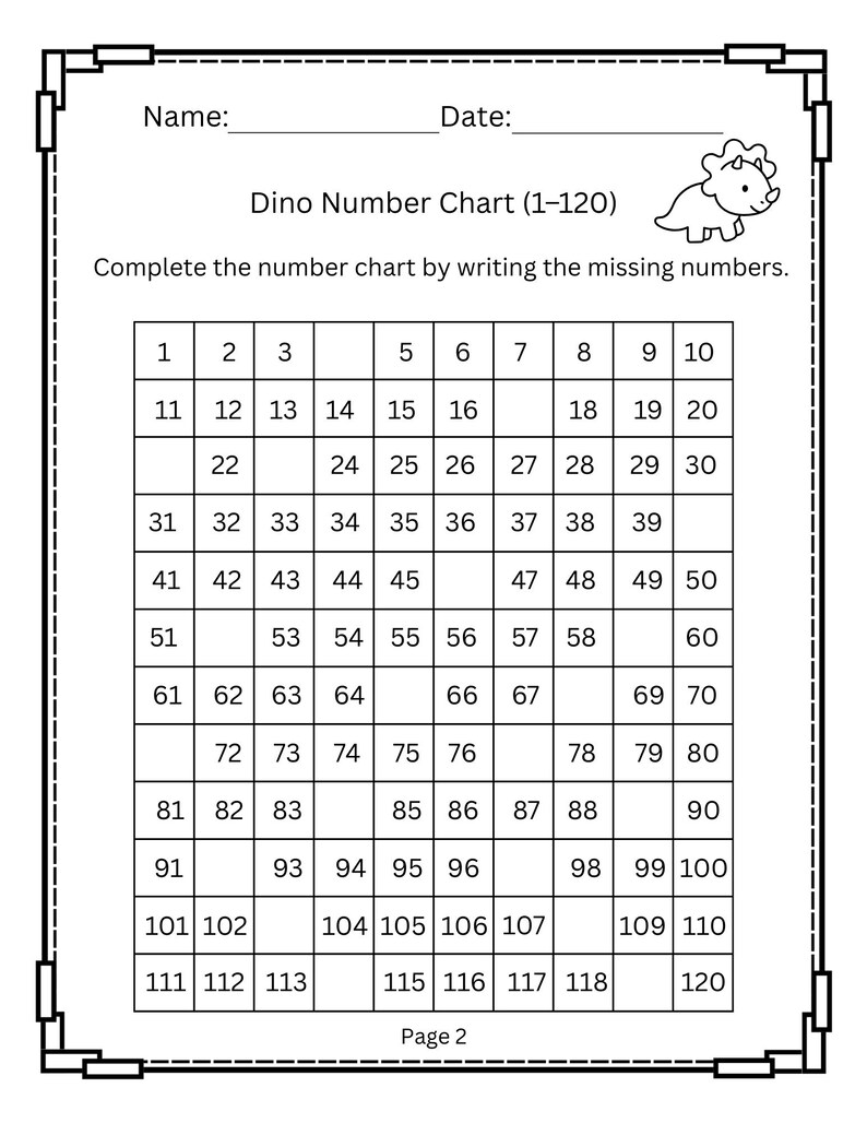 120 Chart Missing Numbers Worksheets | Dinosaur Counting to 120 ...