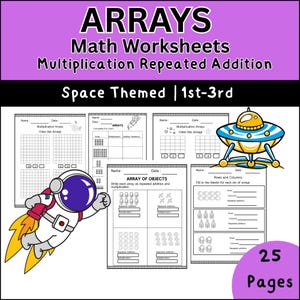 May include: A collection of space-themed math worksheets for 1st-3rd grade students. The worksheets include multiplication arrays, repeated addition problems, and array of objects. The cover features an astronaut and a UFO. The set includes 25 pages.
