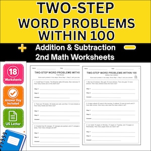 Può includere: Un set di schede di matematica intitolate Two-Step Word Problems Within 100, con esercizi di addizione e sottrazione. Il documento include 18 schede, una chiave di risposta ed è formattato per carta in formato US Letter con righe vuote.