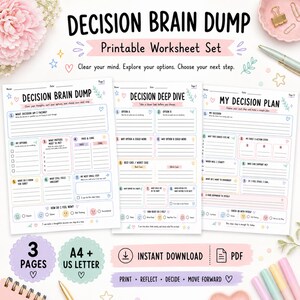 Könnte beinhalten: Ein dreiseitiges, druckbares Arbeitsblatt-Set mit den Titeln Decision Brain Dump, Decision Deep Dive und My Decision Plan. Die weißen Seiten enthalten schwarzen Text, pastellfarbene Ränder und Abschnitte zum Notieren von Gedanken und Plänen.