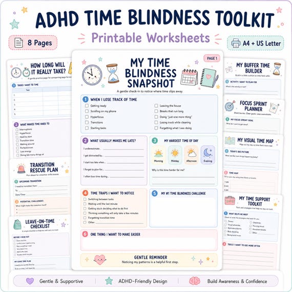 ADHD Time Blindness Toolkit, Printable Worksheets