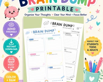 May include: A digital Brain Dump printable planner page featuring sections for must-do tasks, should-do tasks, ideas, and notes. The design includes a light-colored background with colorful circular icons, a pencil cup, and text reading Brain Dump.