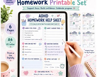 May include: A digital ADHD homework printable set displayed on a tablet screen. The sheet features seven sections including When I Feel Stuck, What I Already Tried, Who Can Help Me, Question Starters, What I Still Do Not Understand, and After I Get Help.