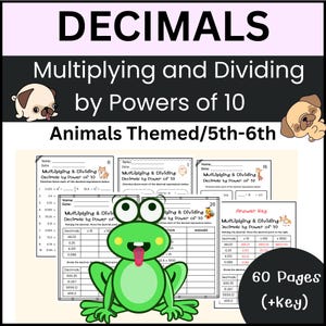 Multiplikation och division av decimaltal med tiondelspotenser - Arbetsblad | Övning i decimalvärde | Matteövningar med facit i PDF-format, djurtema