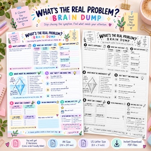 以下が含まれることがあります： What's the Real Problem? Brain Dumpというタイトルの印刷可能なPDFワークシート2枚。カラー版と白黒版があります。各ページには、チェックリスト、氷山図、振り返りのためのプロンプトなど、問題解決のための8つのセクションが含まれています。