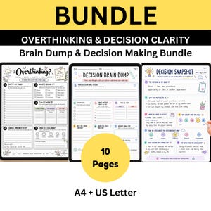 以下が含まれることがあります： Overthinking & Decision Clarity, Brain Dump & Decision Making Bundleというタイトルの印刷可能なプランニングページのデジタルバンドル。A4およびUSレターサイズの10ページで構成され、ブレインダンプや意思決定のためのセクションが含まれています。